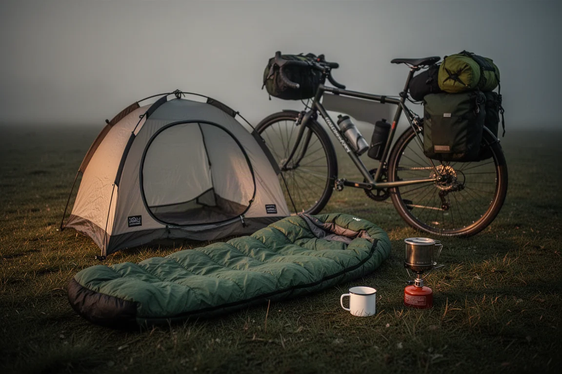 Campingkocher und Schlafsack liegen in der Dämmerung neben einem Rad