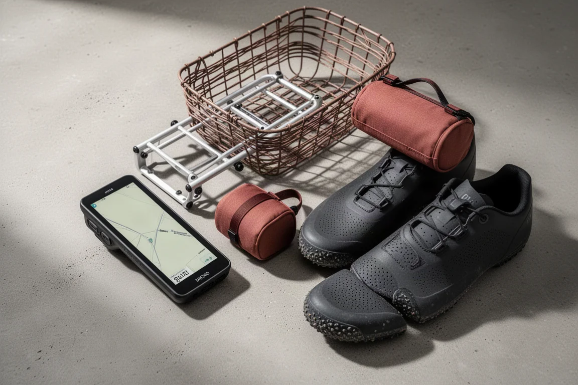 Équipement de bikepacking disposé à plat avec compteur de vélo, porte-bagages avant, panier, sacoche de cintre et chaussures de gravel