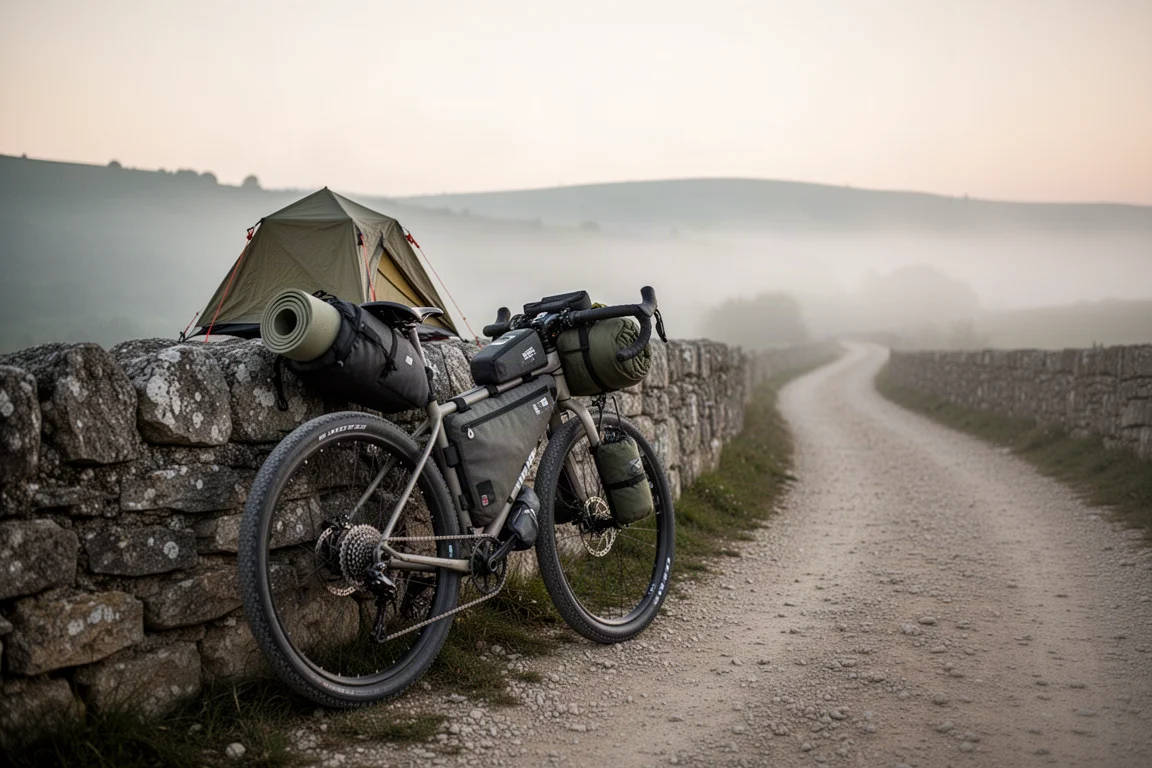 Beladenes Bikepacking-Rad lehnt im Morgengrauen an einer Steinmauer auf einem nebligen Schotterweg