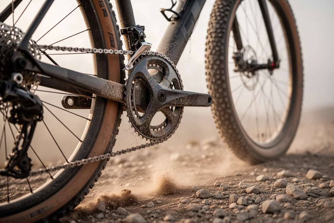 Nahaufnahme eines staubigen ovalen Kettenblatts und Antriebs an einem beladenen Gravelbike beim Anstieg