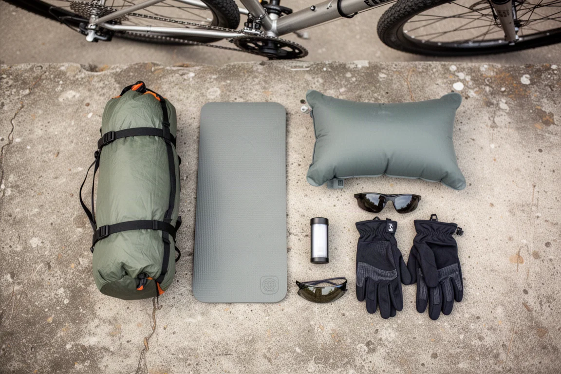 Draufsicht auf Bikepacking-Ausrüstung mit Zelt, Matte, Kissen, Licht und Handschuhen