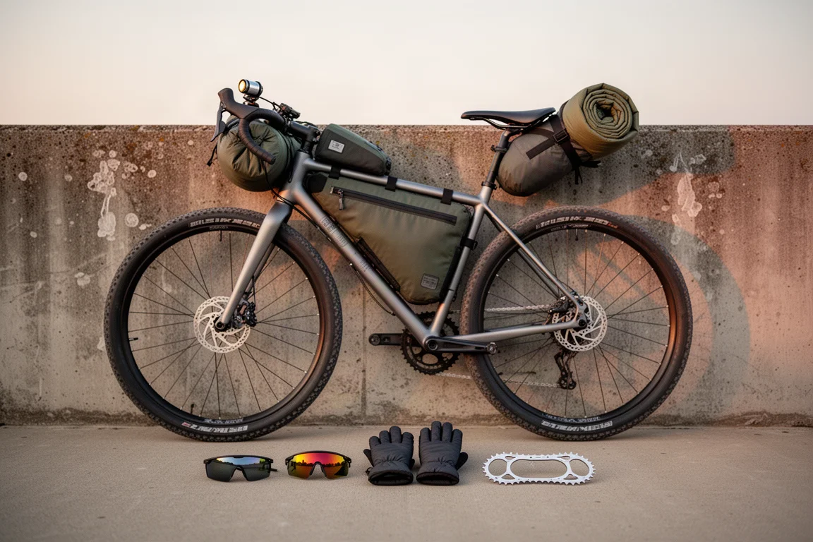 Loaded steel gravel bike with bikepacking bags, sunglasses, gloves and chainring on concrete