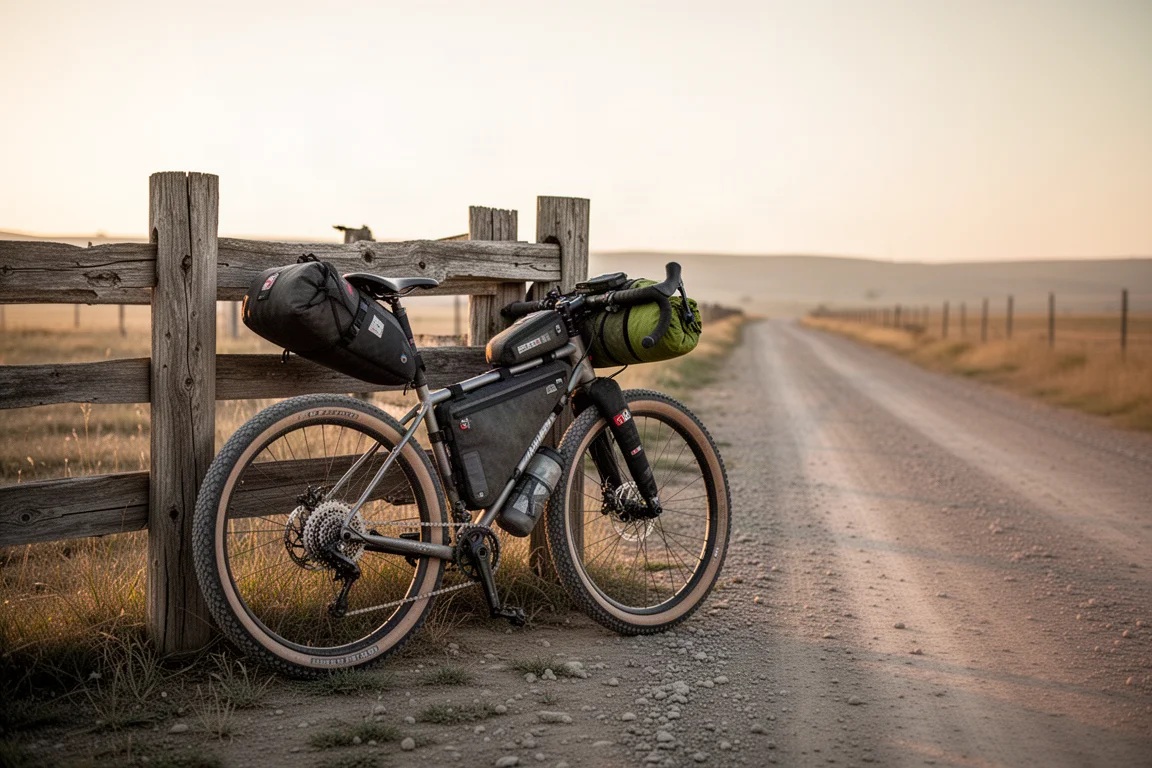 Obładowany rower do bikepackingu oparty o słupek ogrodzenia na szutrowej drodze o świcie