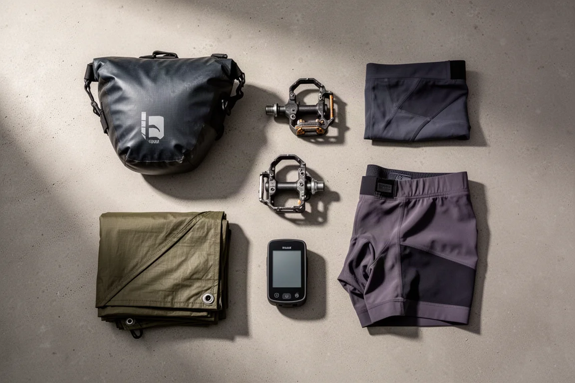 Sac de selle de bikepacking, pédales automatiques, compteur de vélo, short et tarp disposés sur du béton