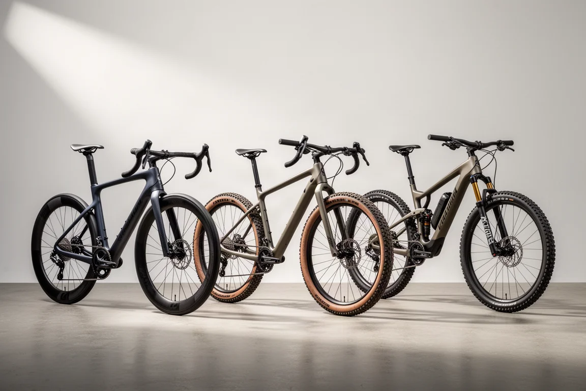 Tre cyklar: en mörk landsvägscykel, en gravelcykel och en heldämpad mountainbike mot en ljusgrå studibakgrund