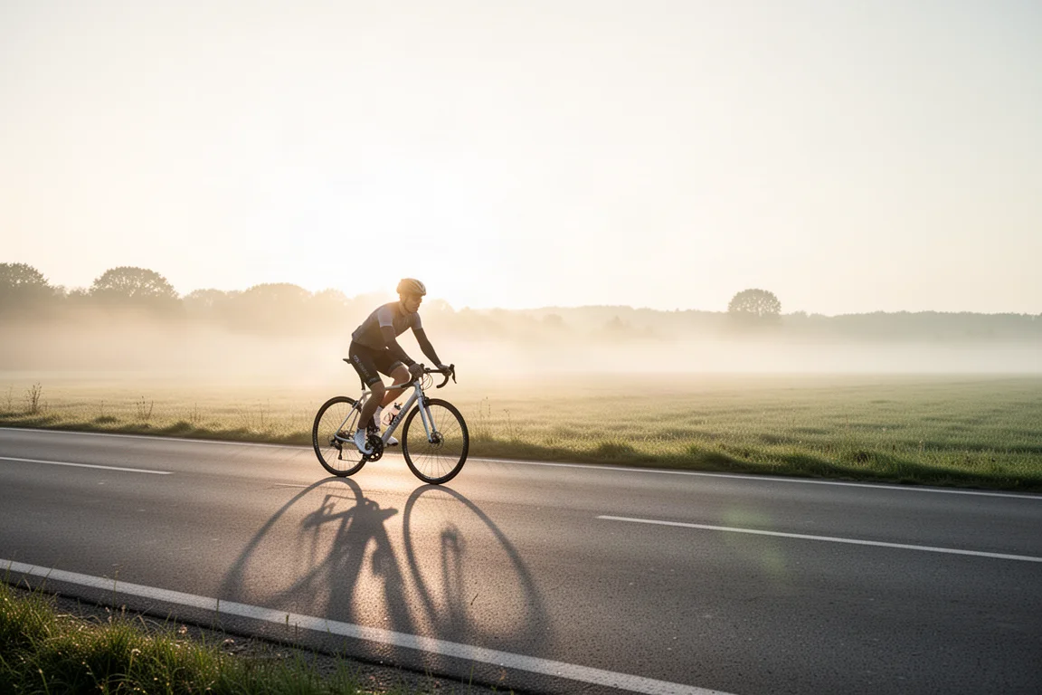 Cyklist på en tom lantlig väg i gryningen med långa skuggor över asfalten