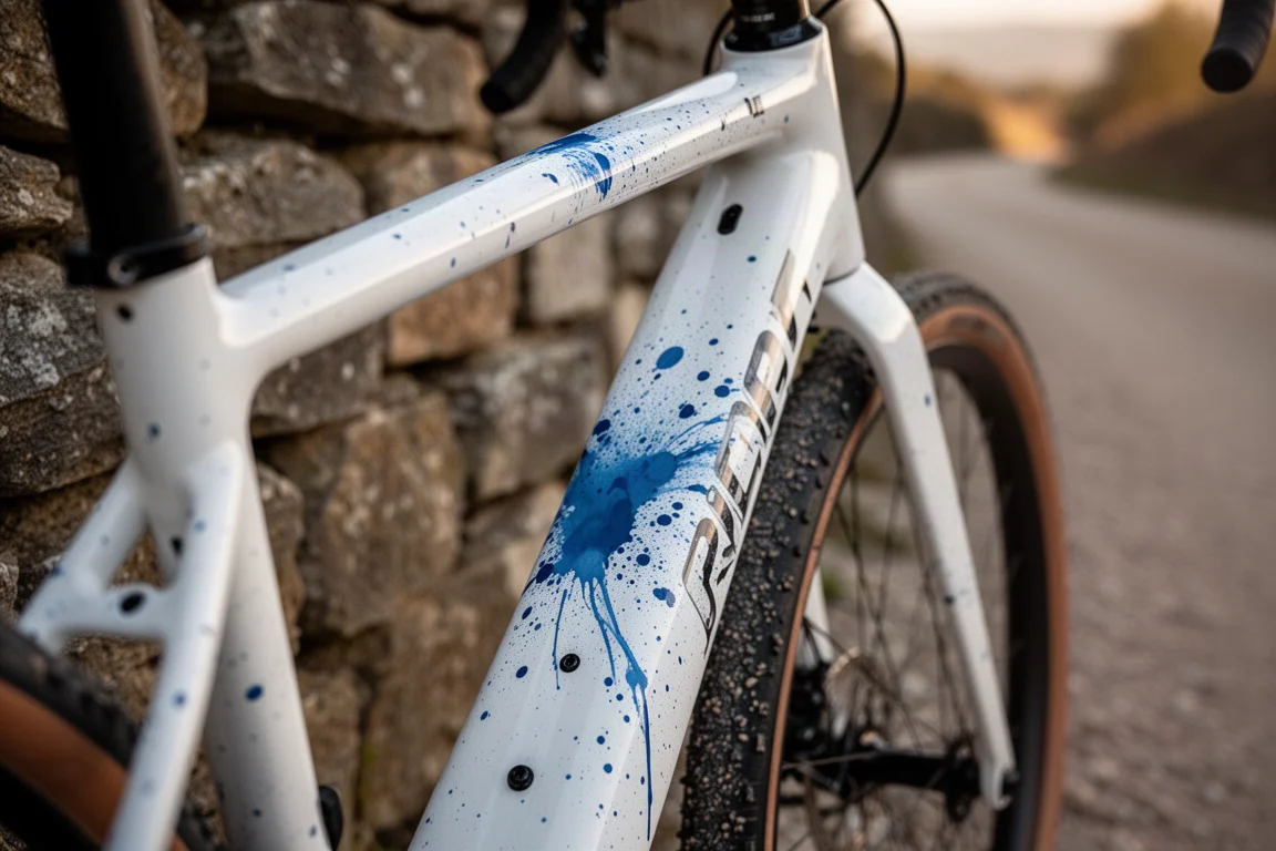 Rowerzysta jadący stalowym gravelem po obsadzonej drzewami ścieżce po dawnym torowisku