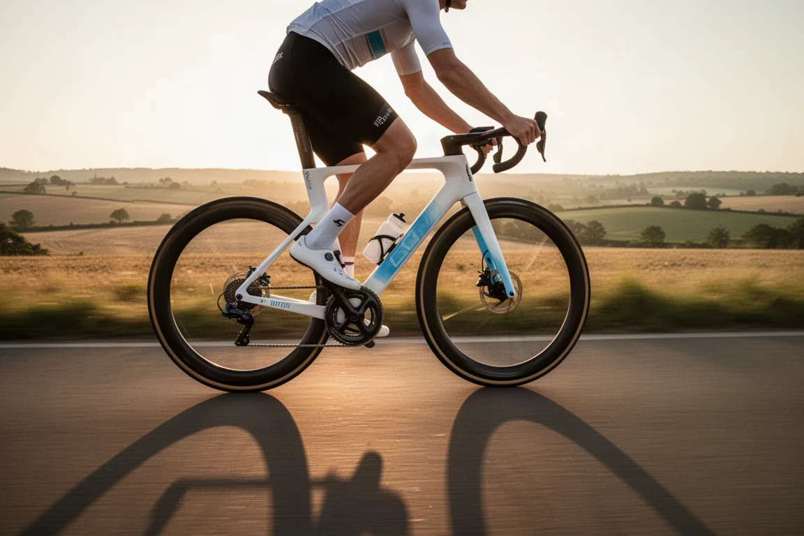 Kolarz szosowy na rowerze aero jadący szybko po prostej otwartej drodze