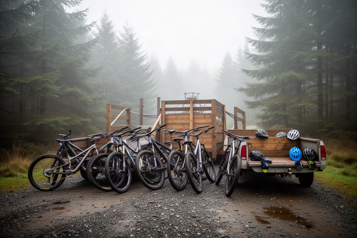 Lunga serie di berme scavate in un pendio erboso all'interno di un bike park