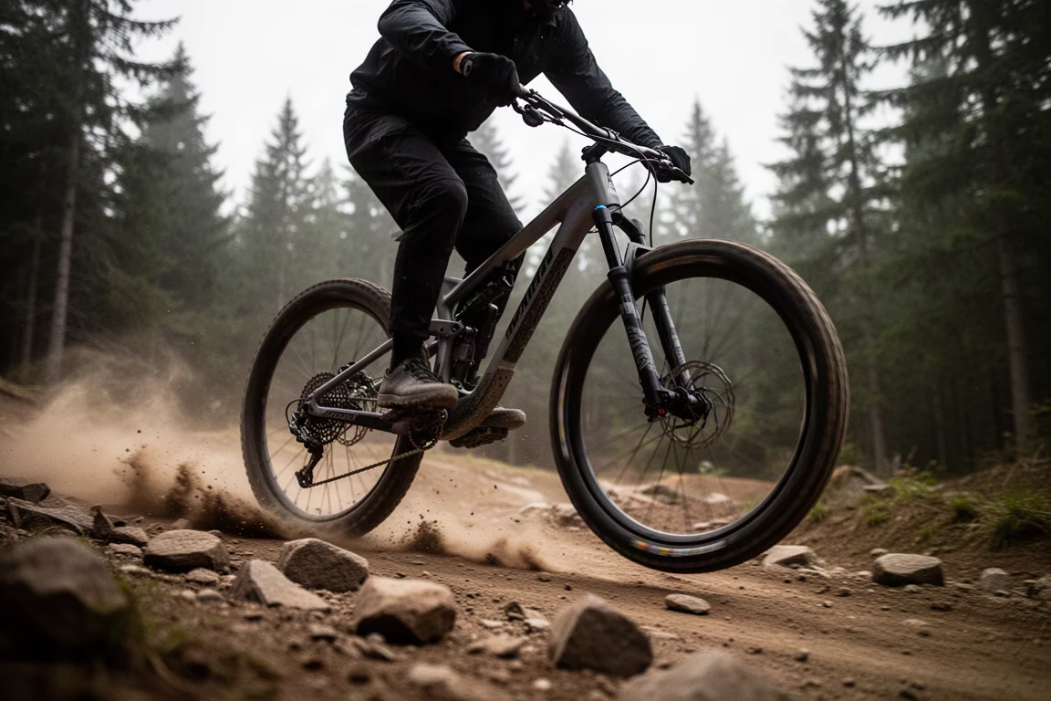Primo piano di un ammortizzatore a molla e del carro posteriore su un telaio da mountain bike