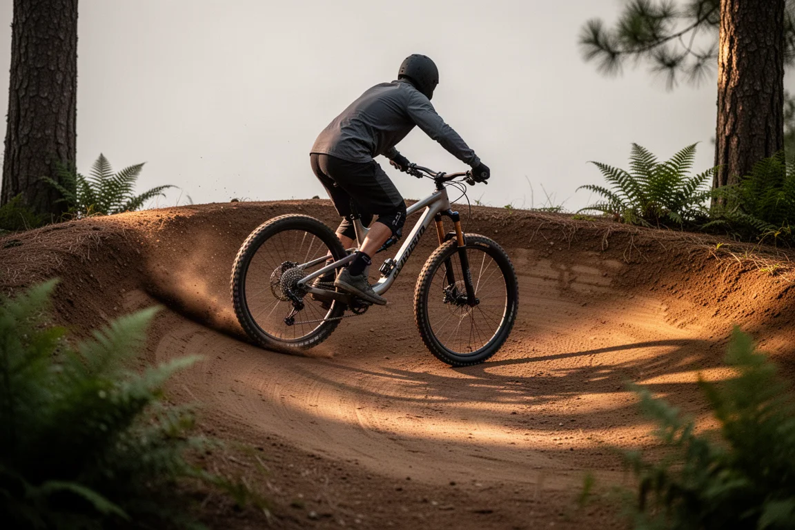 Sentiero per mountain bike coperto di radici che serpeggia attraverso una pineta