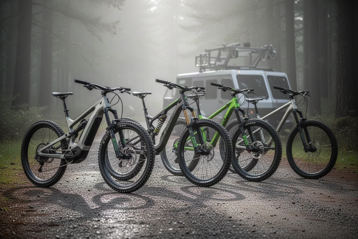Cinq vélos tout-terrain différents alignés sur le béton d'un centre de trail en forêt