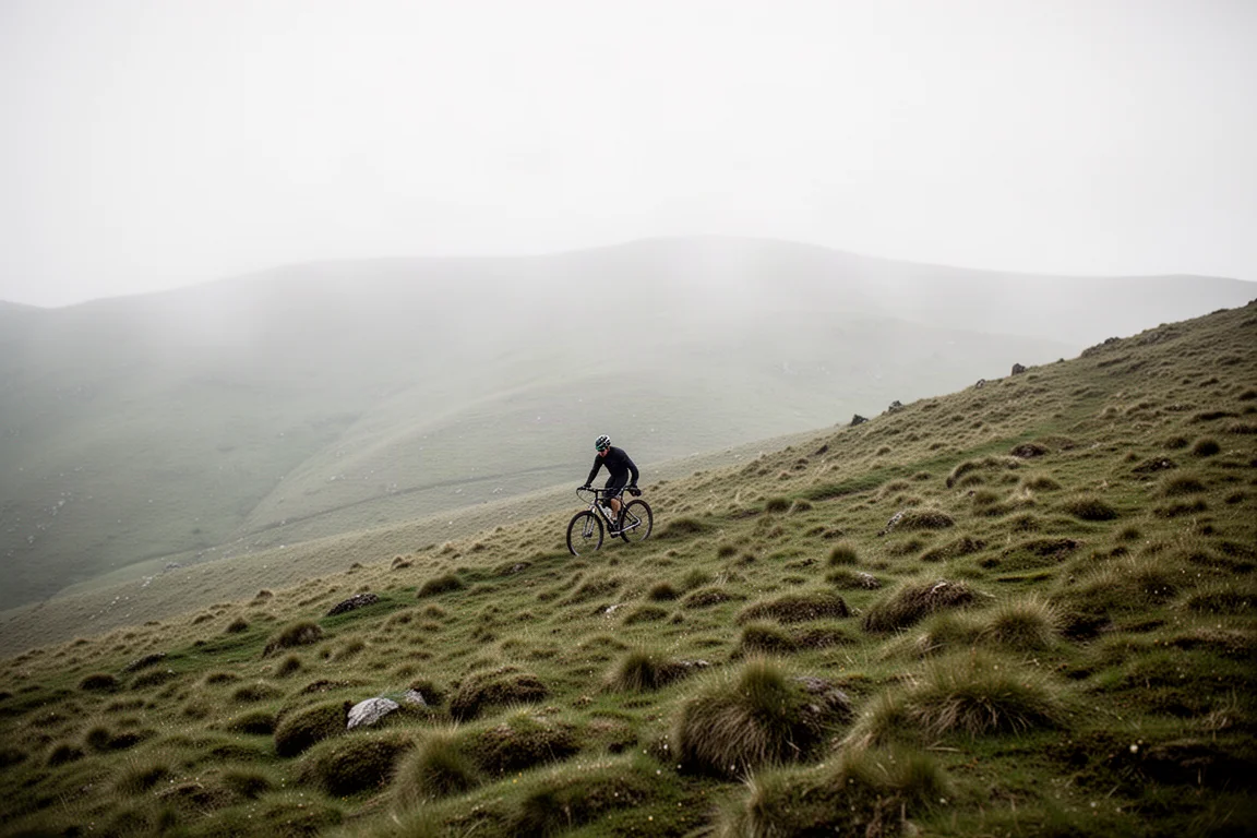 Ciclista en una subida de hierba abrupta con colinas difuminándose en la niebla