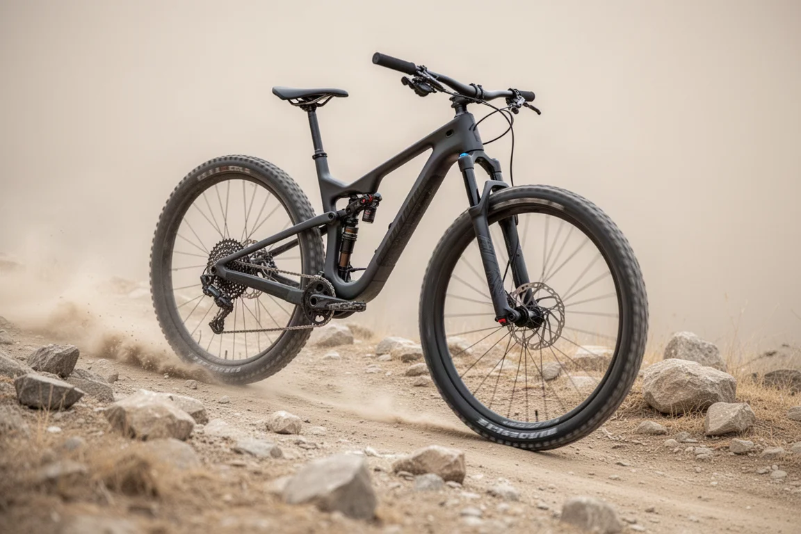 Bicicleta de doble suspensión de cross-country en pleno descenso por sendero pedregoso