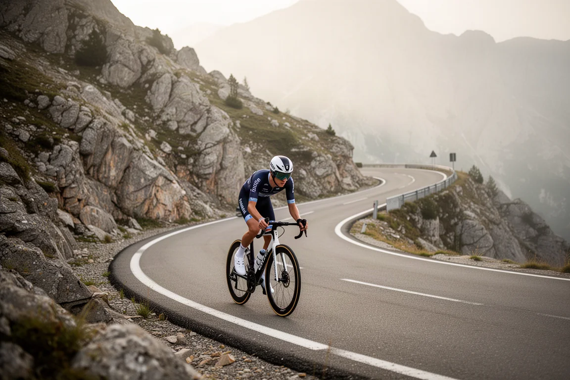 Un ciclista subiendo una empinada carretera de montaña en una bicicleta de carretera ligera