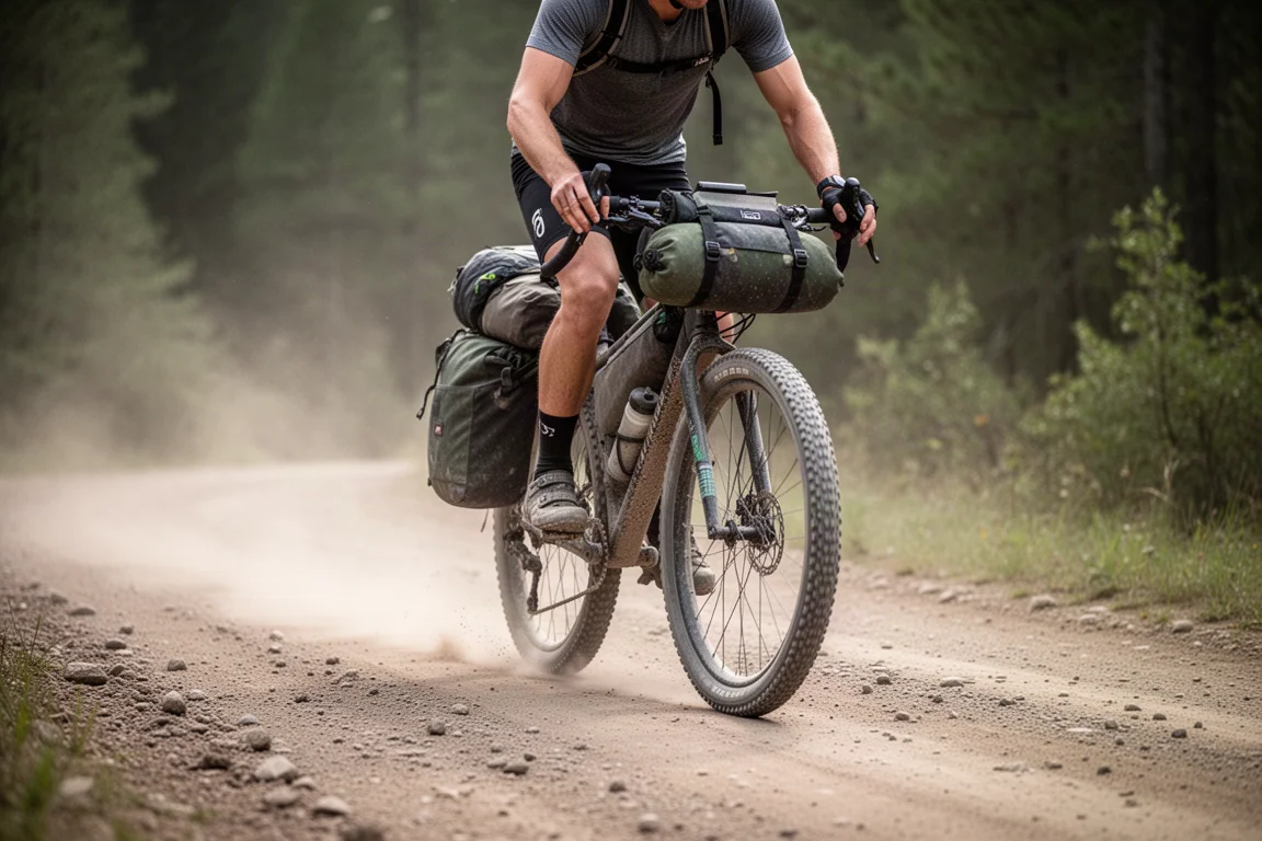 Ciclista de gravel rodando por un camino de tierra irregular con bolsas en la bicicleta