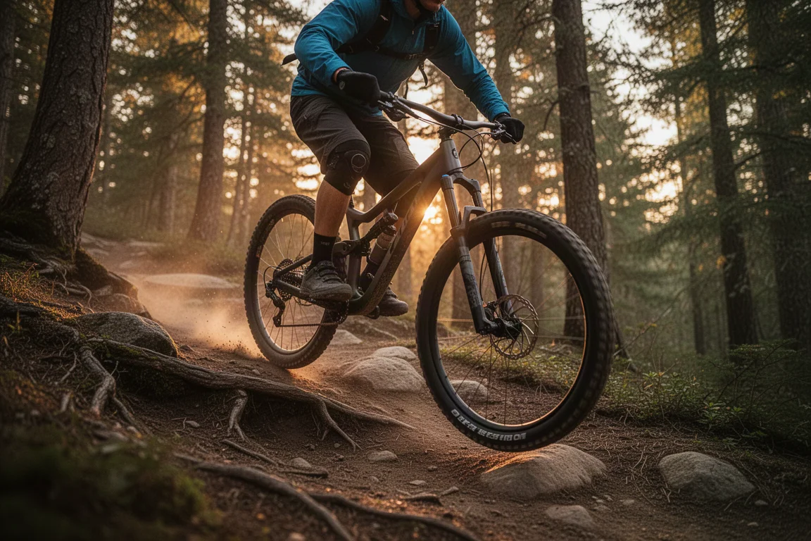 Biker de montaña recorriendo un sendero rocoso al atardecer