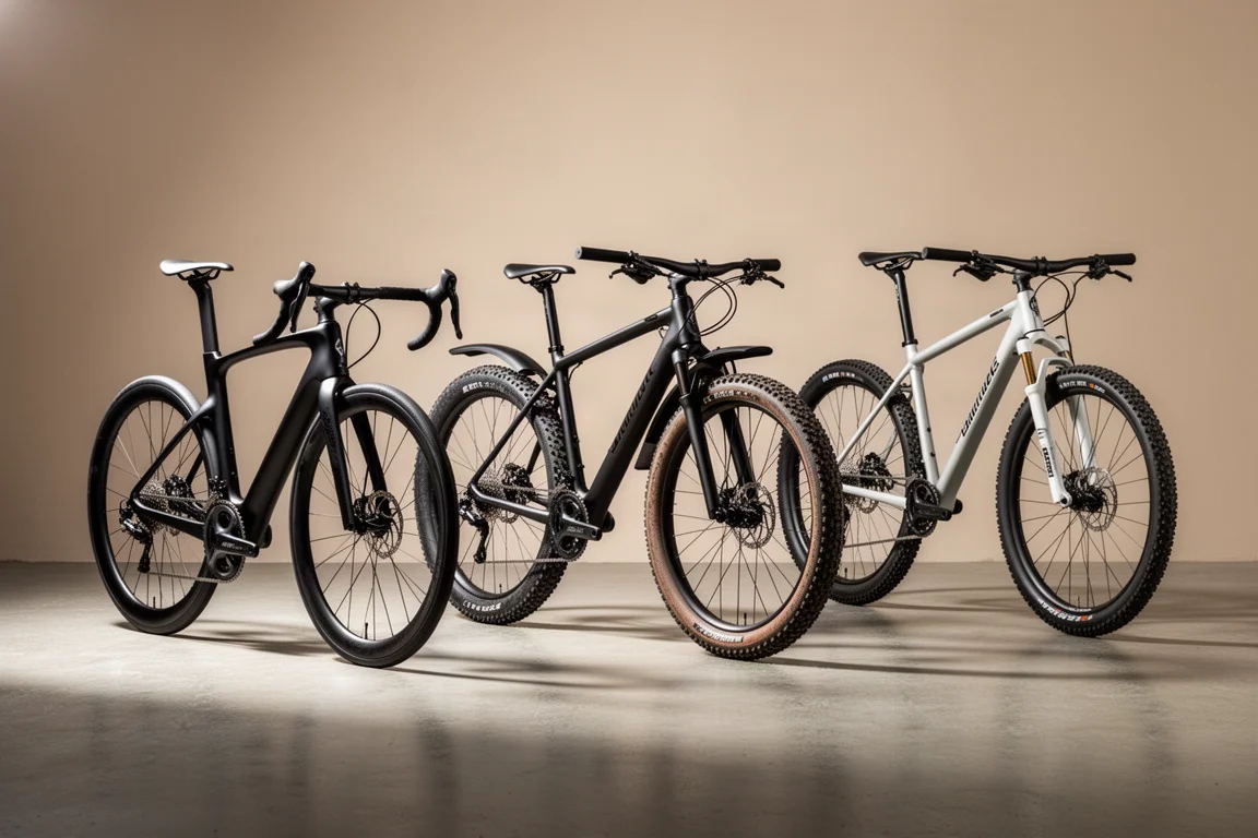 Three bicycles on a concrete floor: aero road bike, gravel bike, and mountain bike