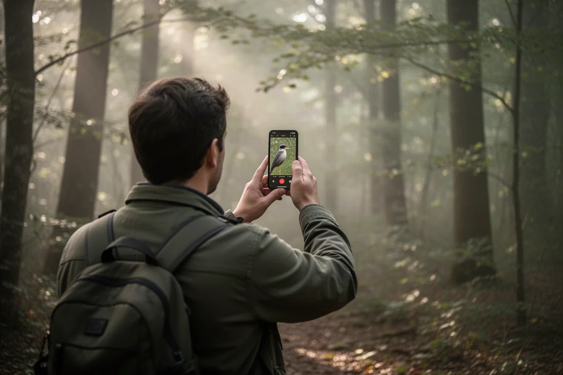 Birdwatcher con uno smartphone all'aperto mentre ascolta il canto degli uccelli