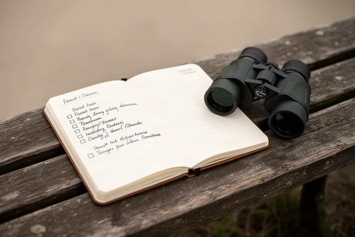 Quaderno da campo aperto con una checklist accanto a un binocolo su una panca di legno