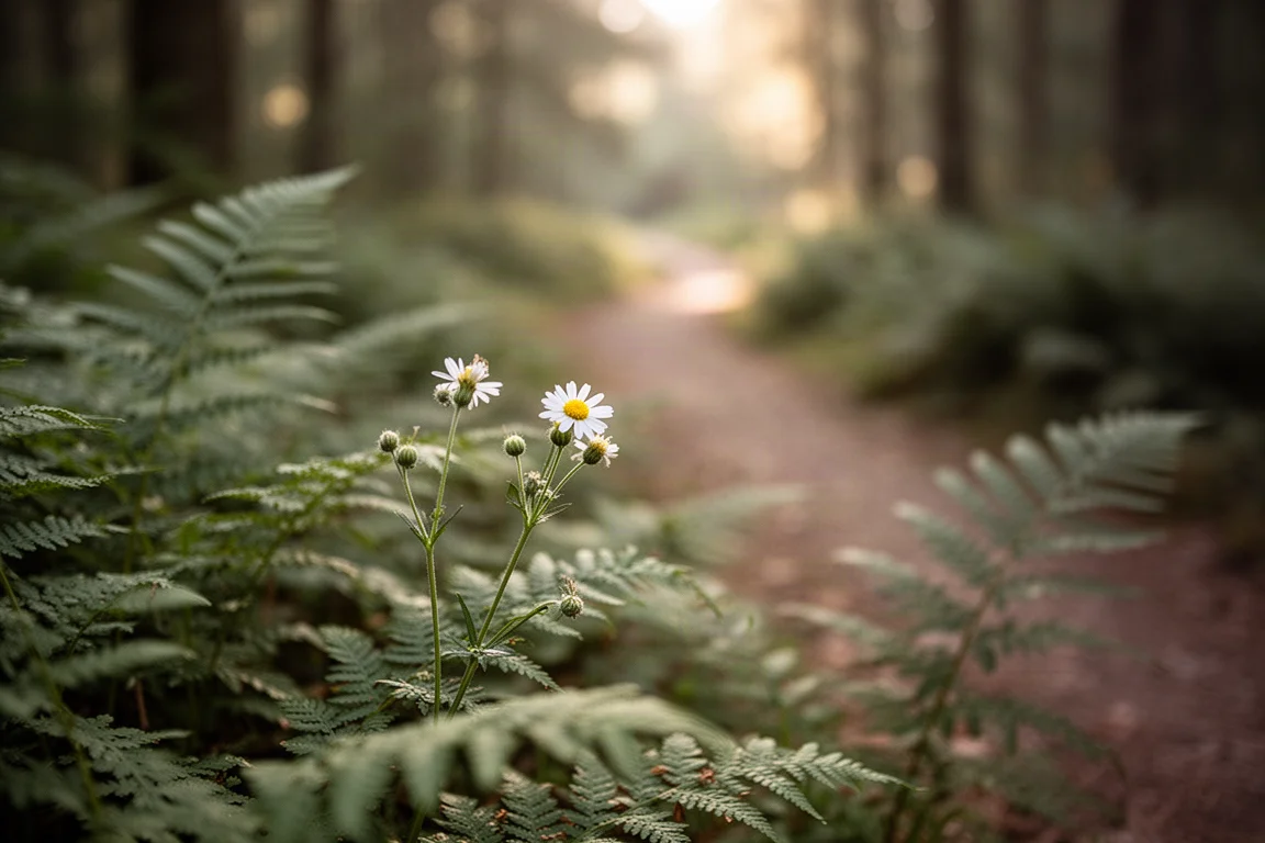 Primo piano di un fiore selvatico e felci lungo un sentiero naturalistico