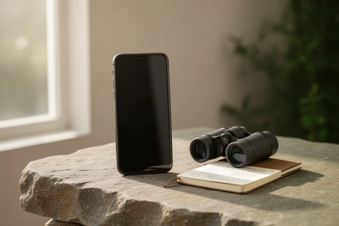 Smartphone mit Fernglas und Notizbuch auf einer Steinoberfläche