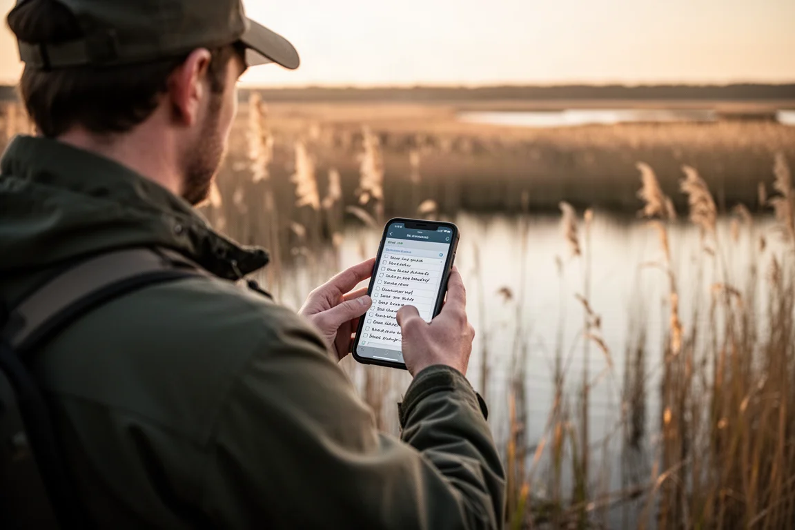 Birder using a smartphone to record a checklist near a wetland