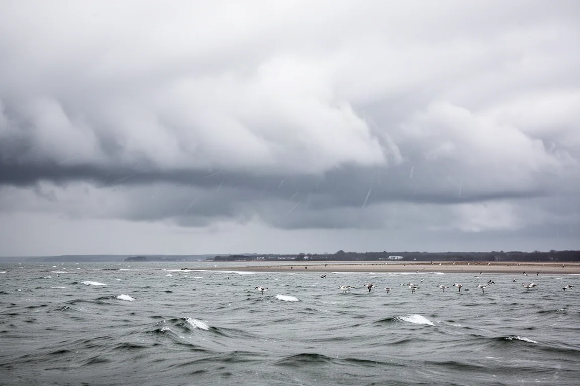 Storm clouds and strong winds moving over a coastline during migration season