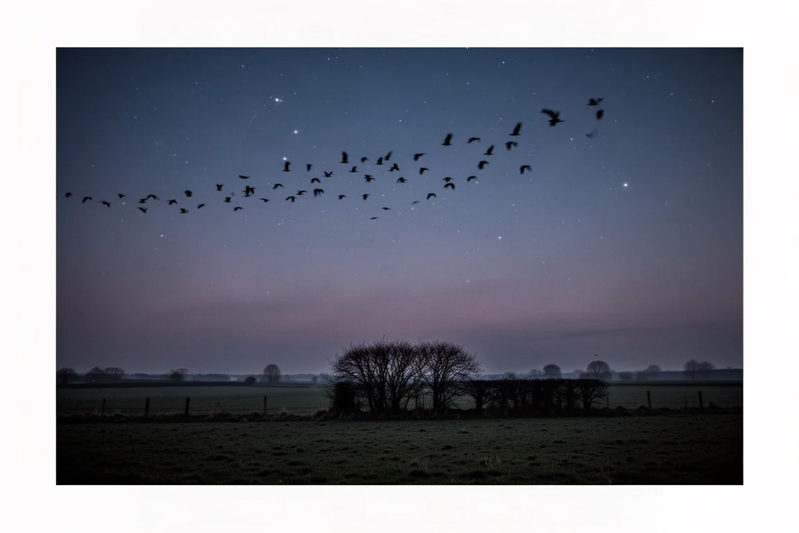 Night sky over rural fields suggesting birds migrating overhead