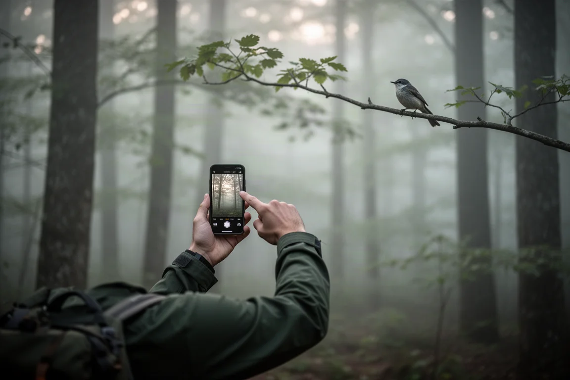 Birder listening to birdsong with a smartphone held up at dawn