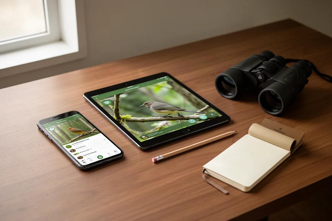 Smartphone, Tablet, Fernglas und Feldnotizbuch auf einem Holztisch angeordnet