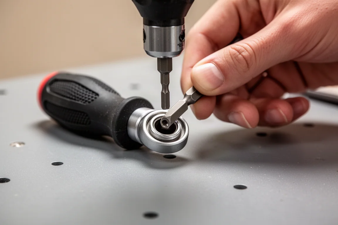Hands swapping a quarter-inch hex bit into a compact bit driver on a workbench