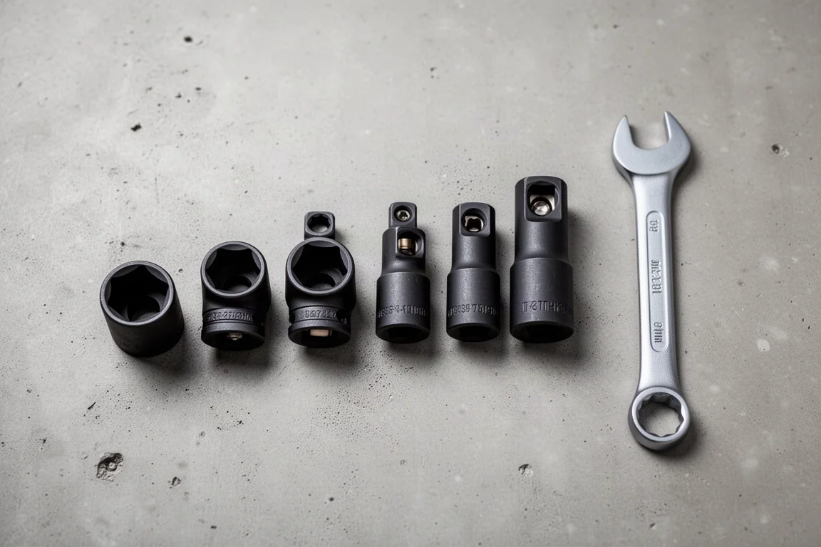 Dual drive socket set laid out on a concrete workshop surface