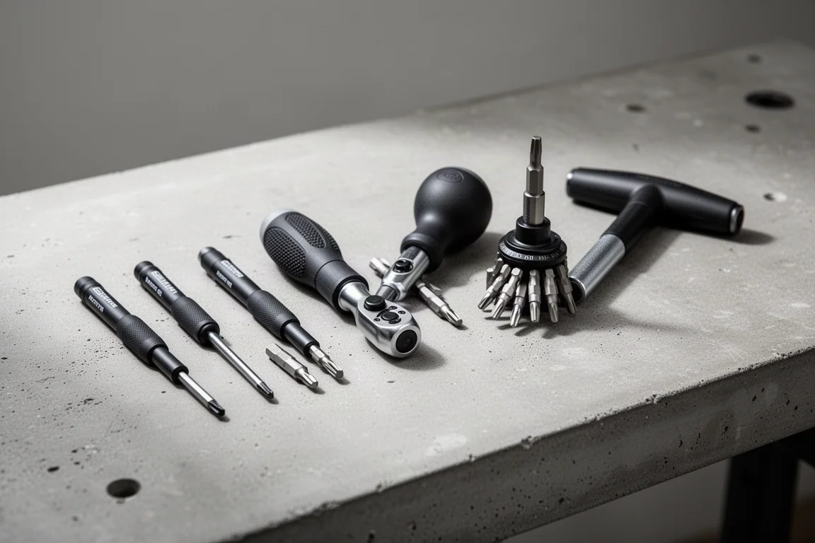 Collection of compact bit drivers and ratcheting screwdrivers on a concrete workbench