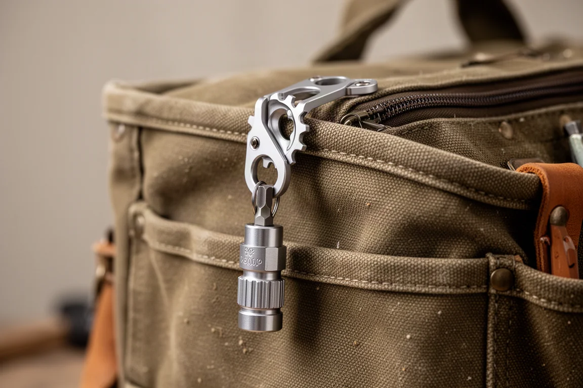 Clip de aluminio Petzl Caritool sujeto al borde de una bolsa de herramientas