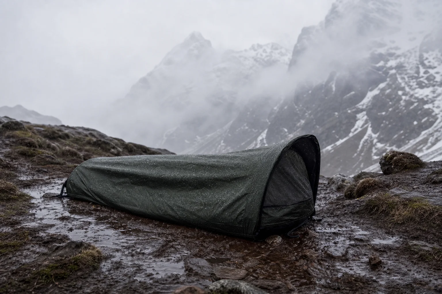 Biwaksack auf nassem Boden bei Regen und kaltem Wetter