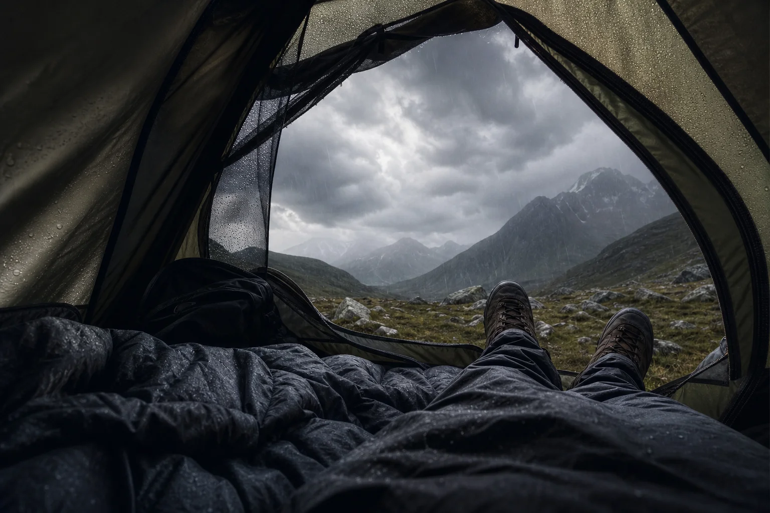 Backpacker in einem Biwaksack während stürmischem Bergwetter