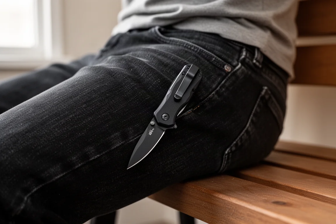 Couteau de poche noir compact accroché dans la poche d'un jean