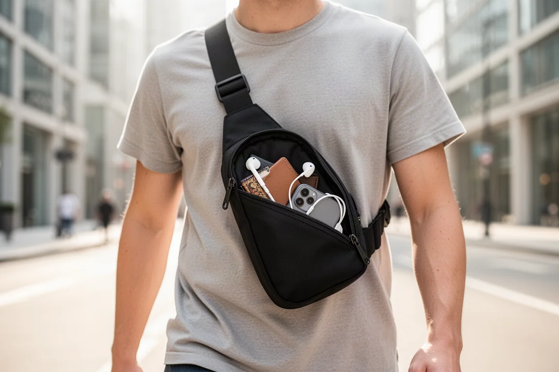 Petit sac bandoulière porté en travers de la poitrine d'une personne marchant en ville