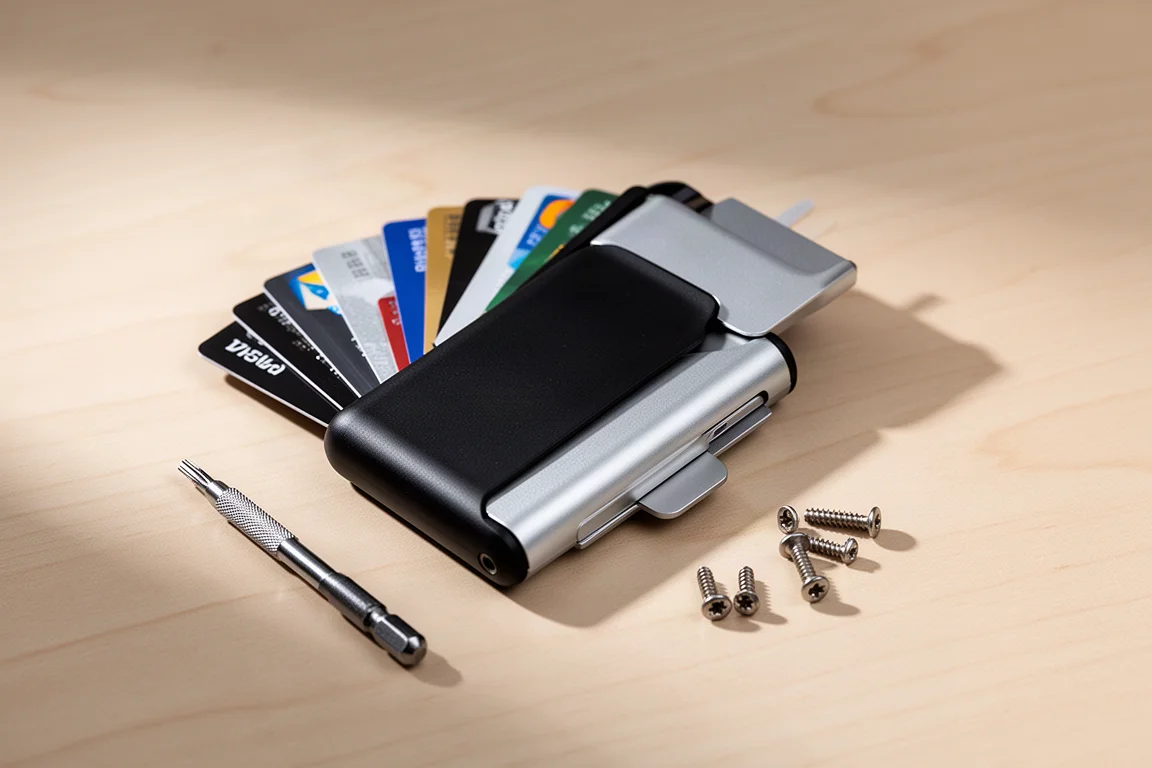 Portefeuille à cartes en aluminium minimaliste éventré avec des cartes sur un bureau