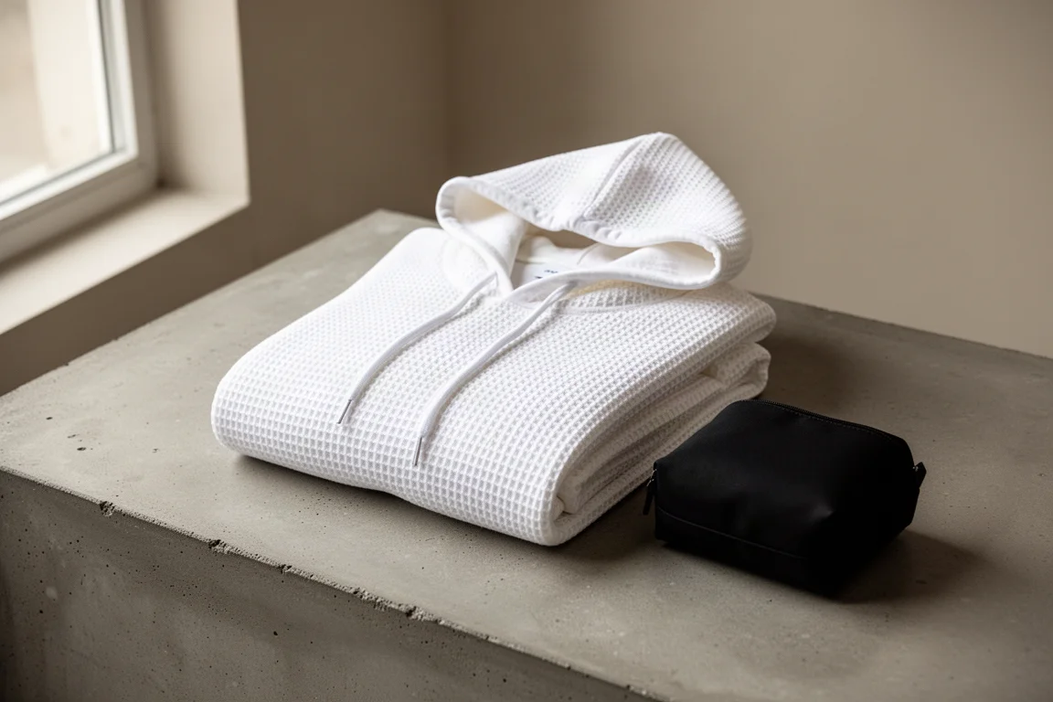 Sweat à capuche en maille gaufrée plié soigneusement sur une surface neutre