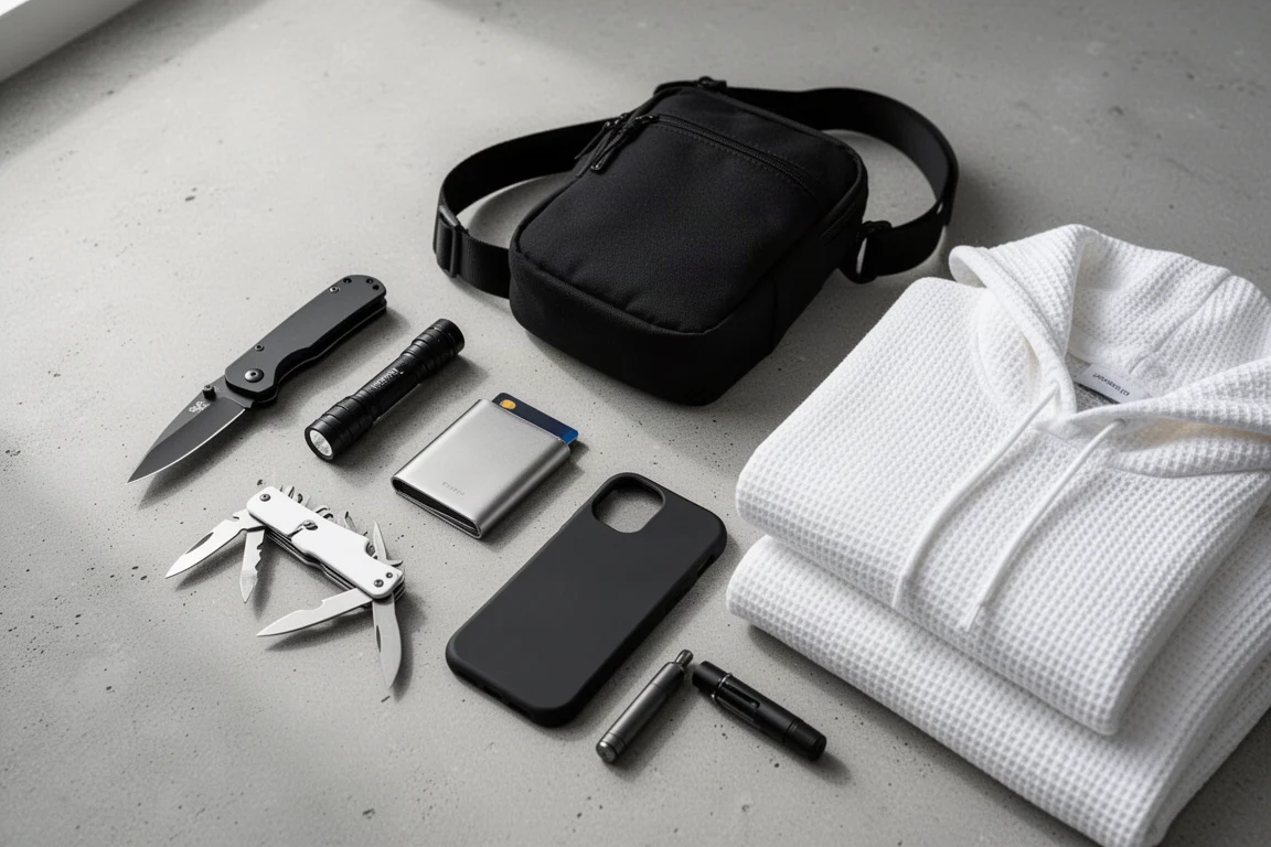 Vue à plat d'articles EDC noir et blanc comprenant un couteau, une lampe torche, un sac bandoulière, un portefeuille et un sweat à capuche