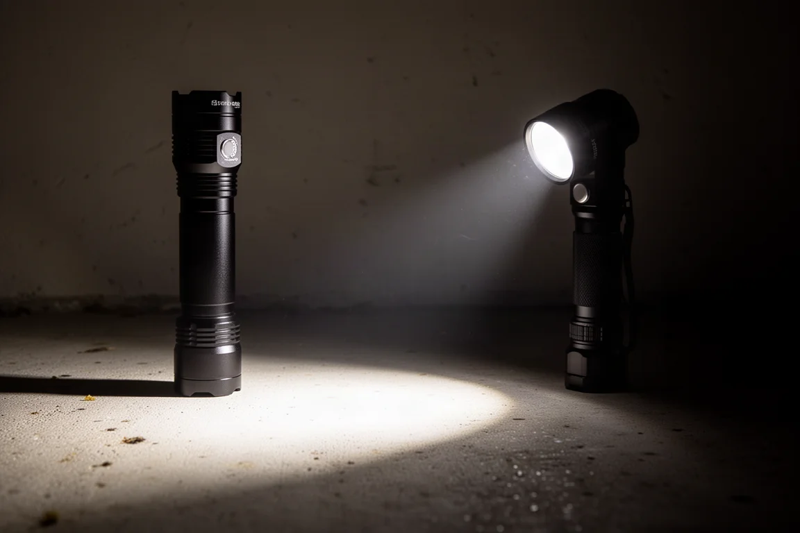 強力 LED 手電筒在黑暗的戶外場景中射出寬廣明亮的光束
