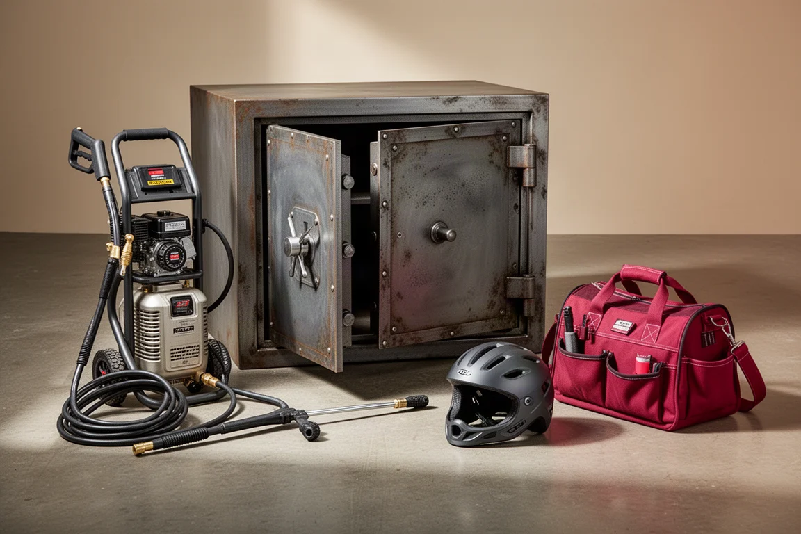 Flat-lay of a safe, pressure washer, helmet, and tool bag on a concrete workshop floor