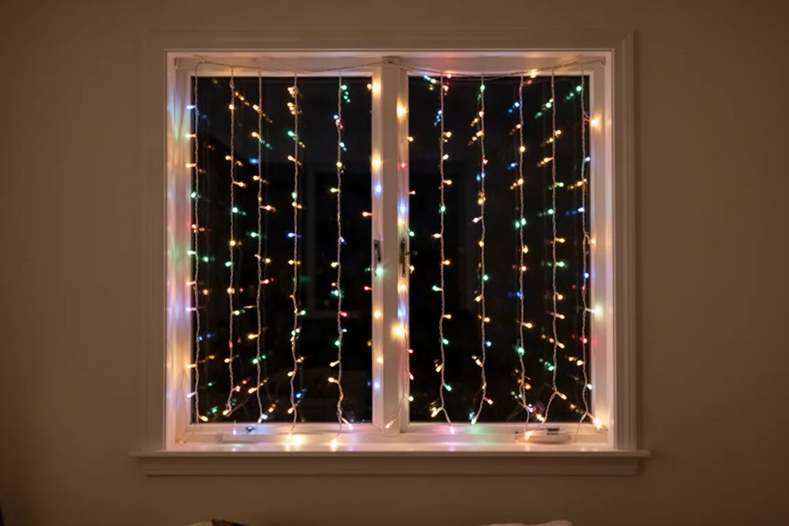 Guirlande LED rideau illuminée dans une fenêtre sombre la nuit