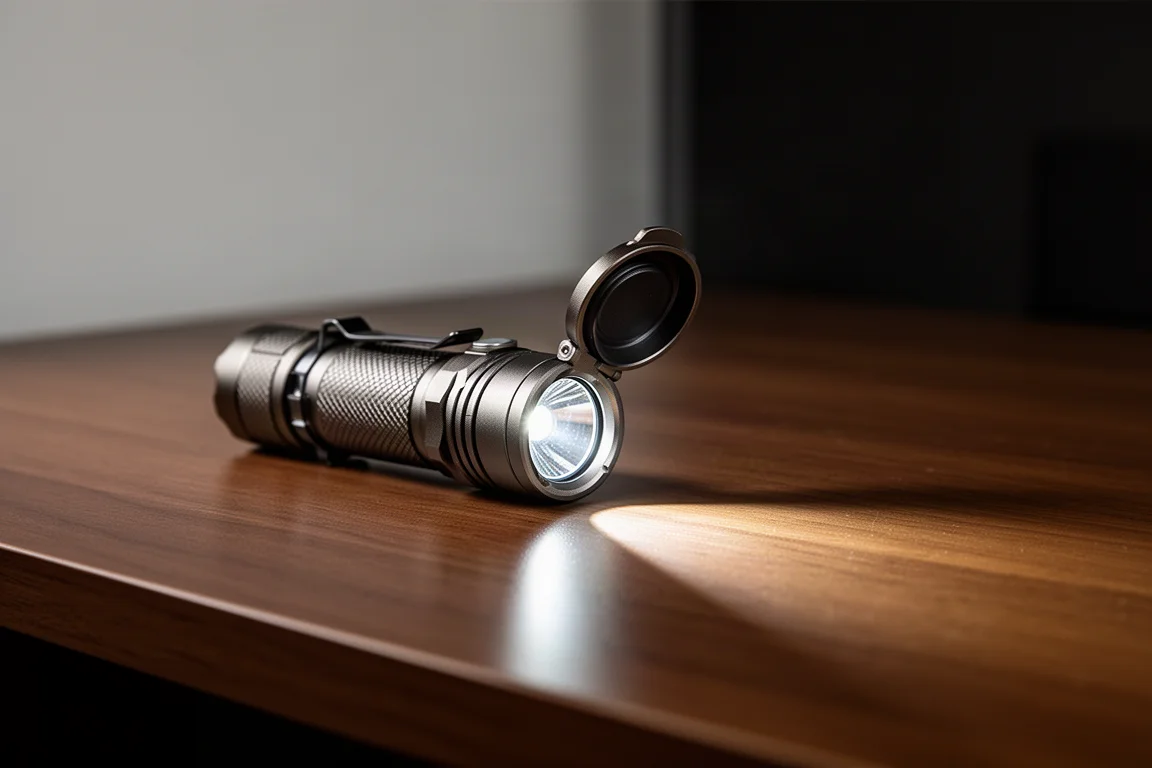 Lampe torche compacte faisant pivoter sa tête sur un bureau en bois