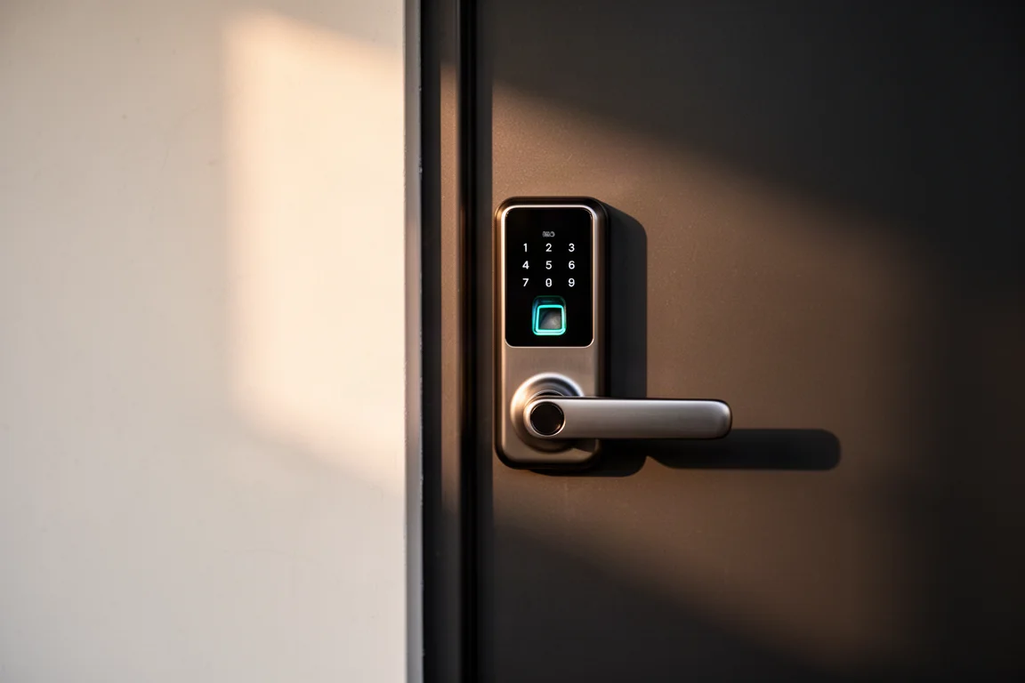 Serrure connectée avec lecteur d'empreintes sur une porte d'entrée moderne