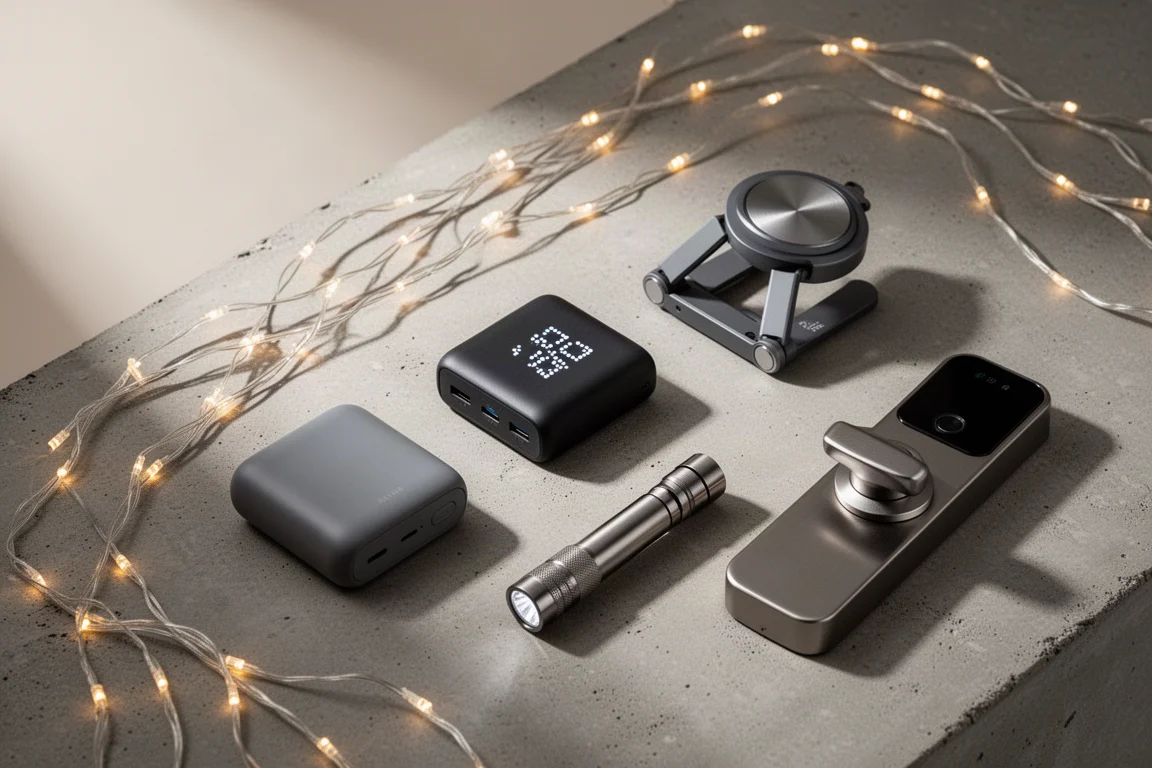 Flat-lay van LED-gordijnlichten, powerbank, opladers, zaklamp en smart lock op beton