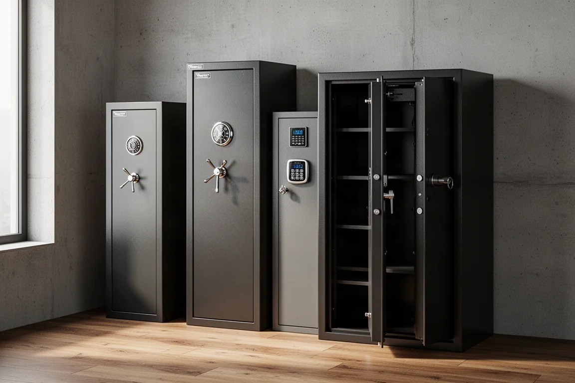 Row of steel gun safes of varying sizes against a concrete wall