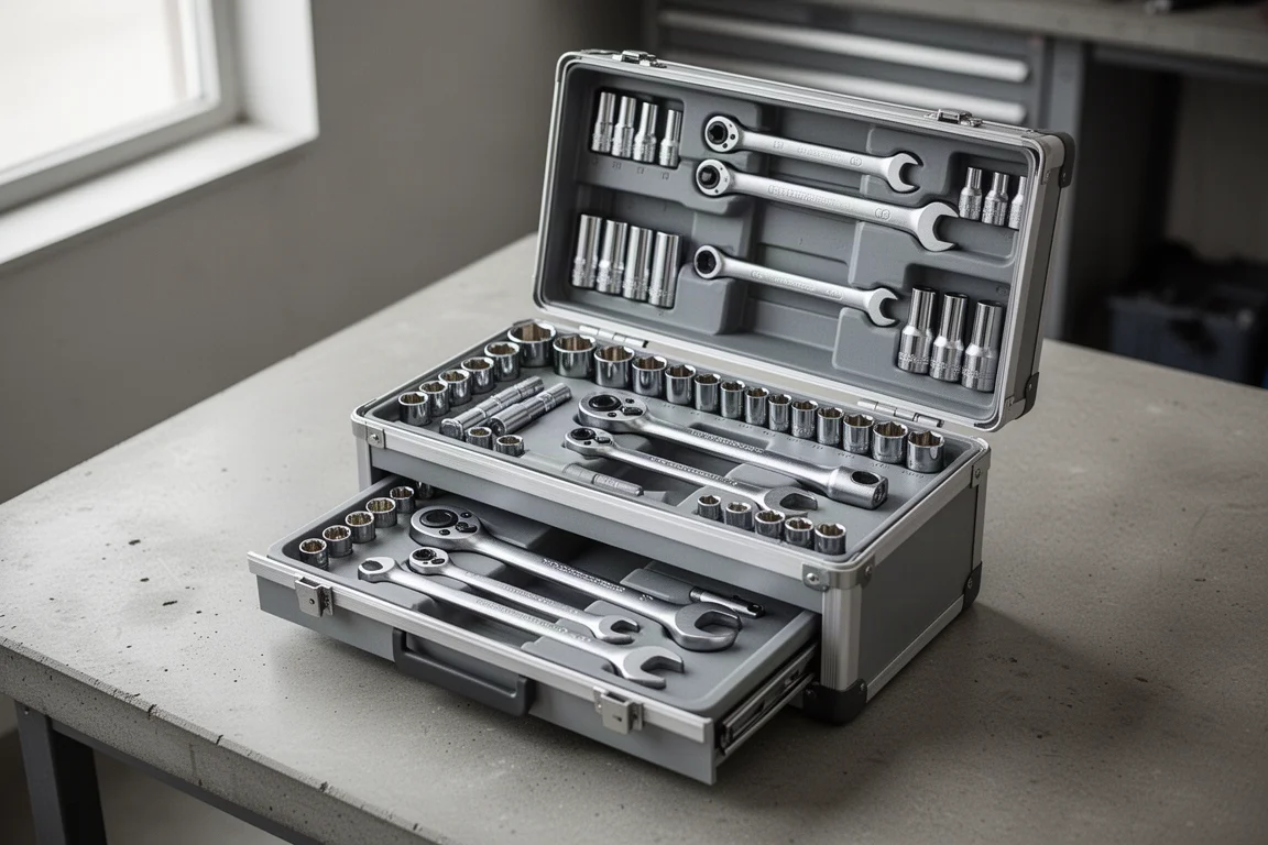 Open three-drawer tool box with sockets and ratchets laid out in molded trays